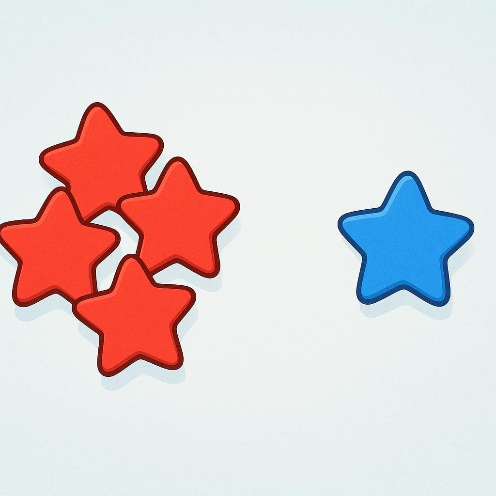 A cluster of five identical, brightly colored red stars situated on the left, clearly separated from a single blue star on the right.
