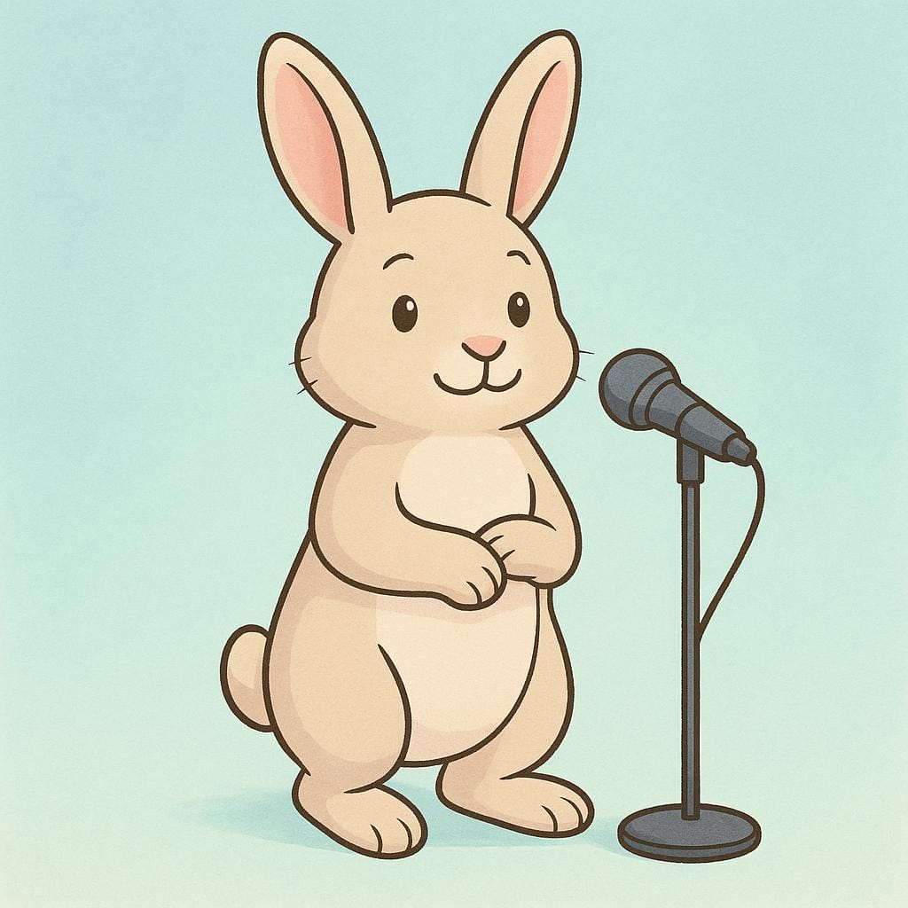 A high quality storybook illustration of a friendly cartoon rabbit standing behind a simple microphone. The rabbit looks confident and prepared to address an audience.
