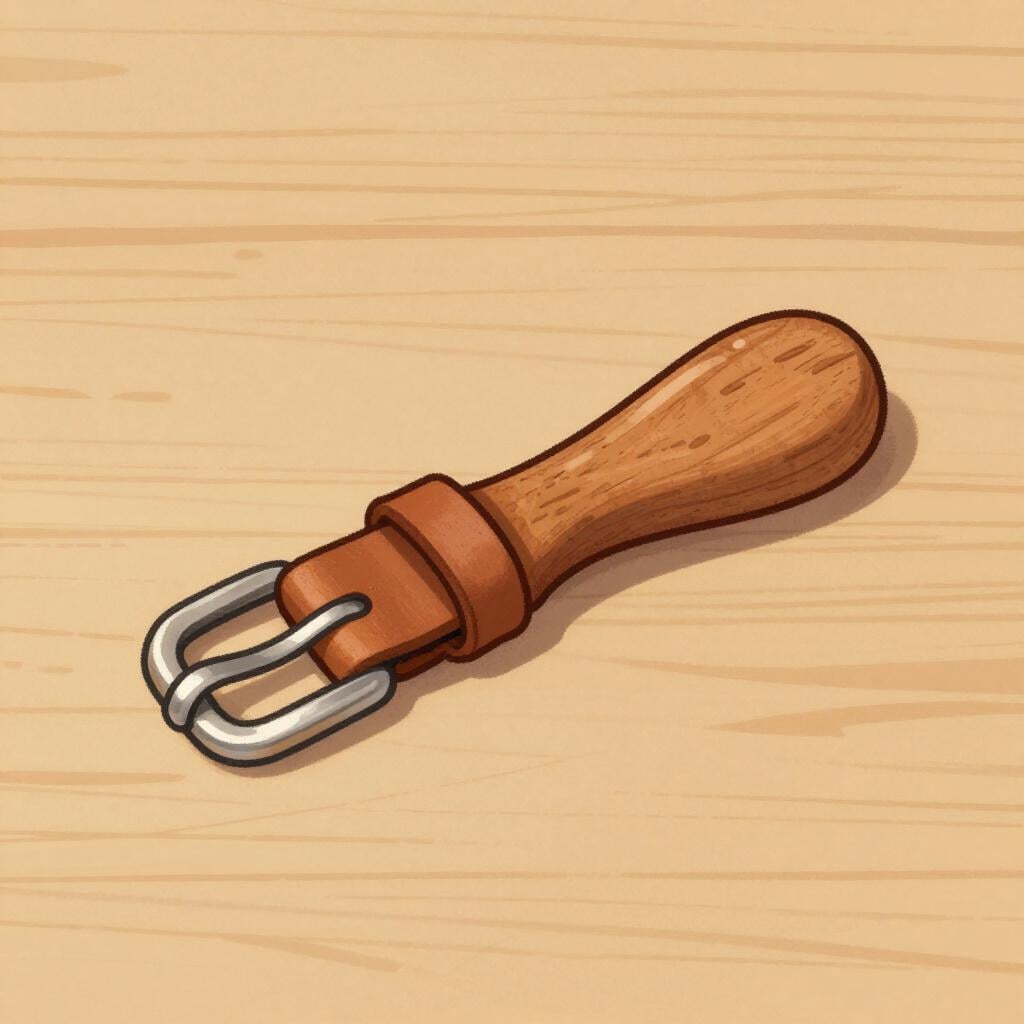 A leather strap resting on a wooden table.