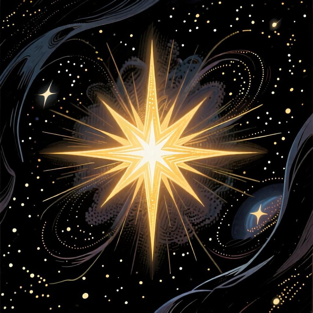 Un'immagine astratta e potente di un'unica fonte di luce radiosa nel cosmo, che rappresenta il concetto di un Dio singolare e onnipotente.