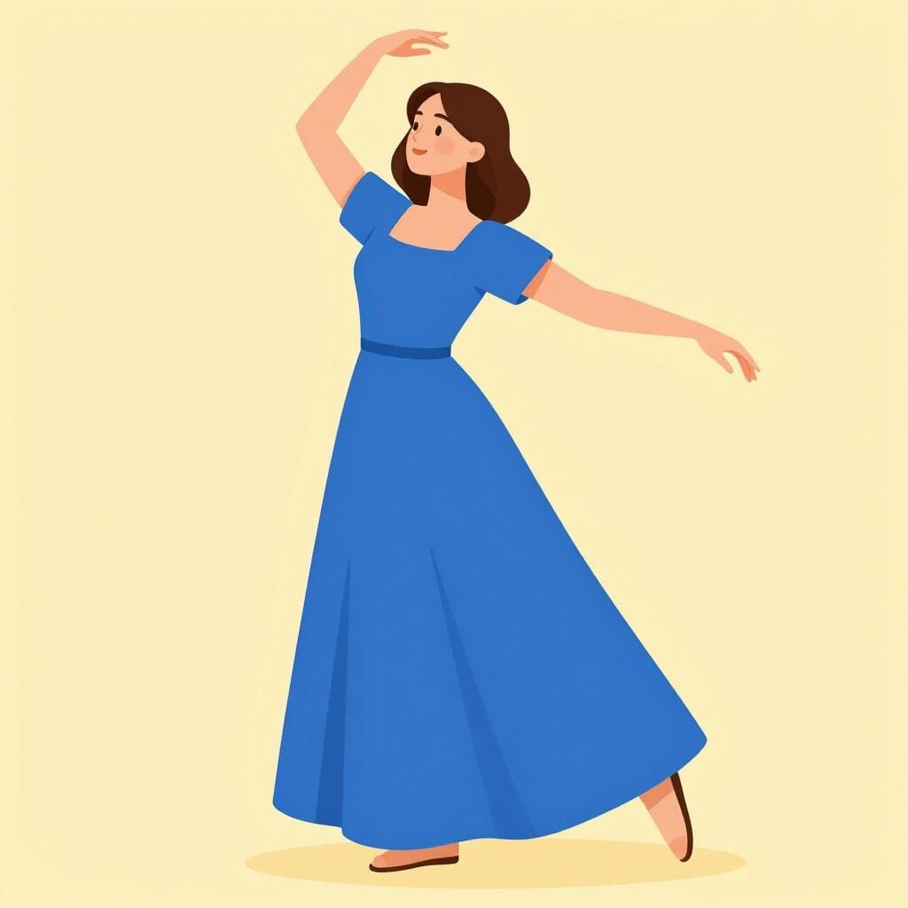 A sophisticated woman in a simple, elegant blue dress standing gracefully.