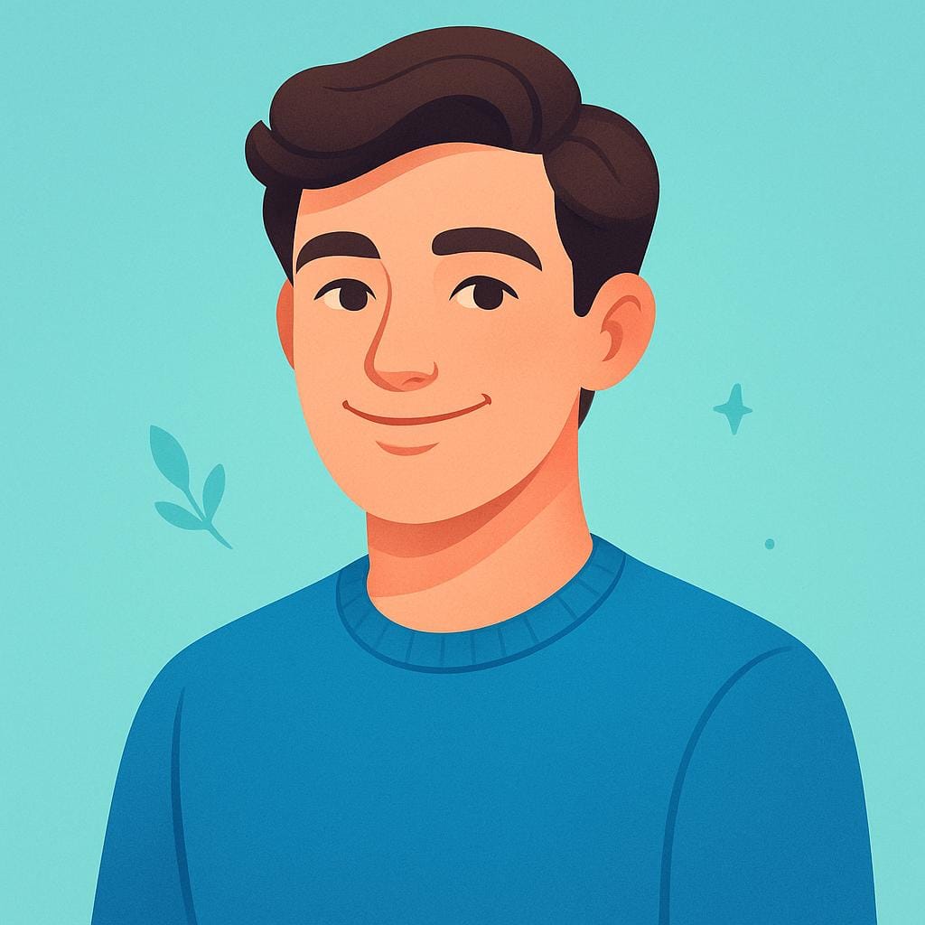 A colorful, simple storybook portrait of a person smiling with a confident and appealing expression.