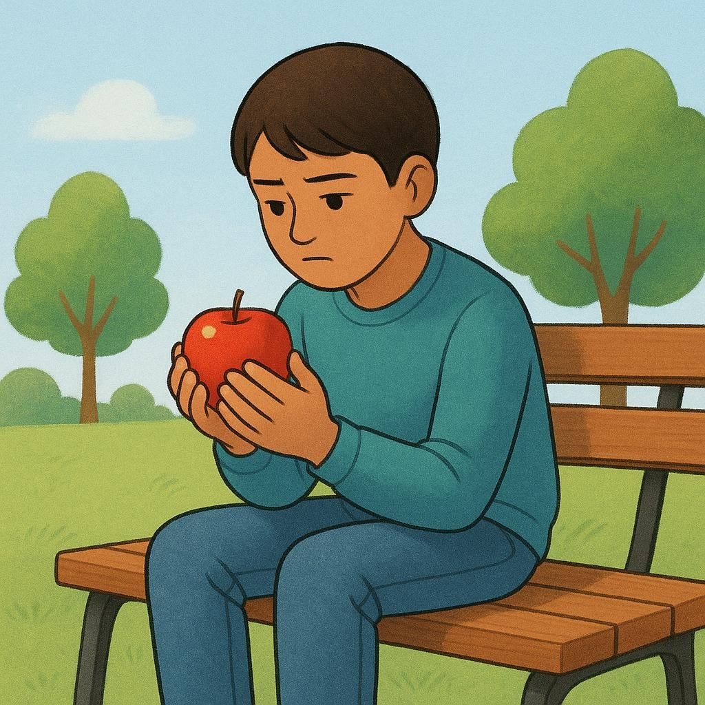 A young person sitting alone on a park bench, focusing intently on a single red apple they hold in their hands, symbolizing deep consideration.