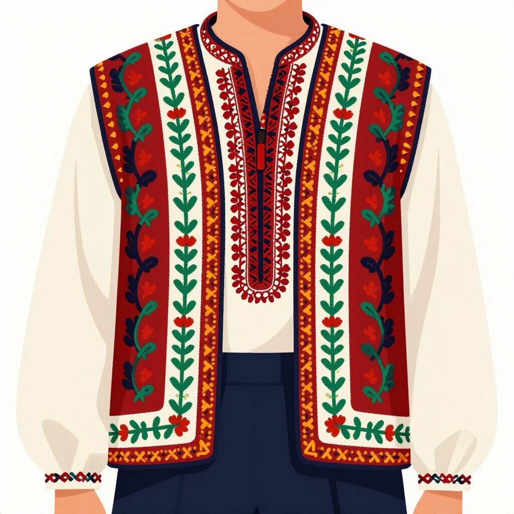 A person wearing a traditional colorful Turkish vest.