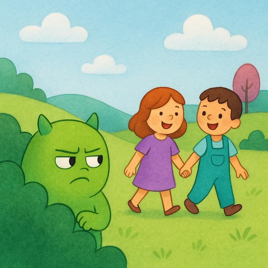 Ein kleines grünes Monster, das misstrauisch und traurig auf zwei fröhliche, comicartige Figuren blickt, die Händchen halten, was Eifersucht illustriert.
