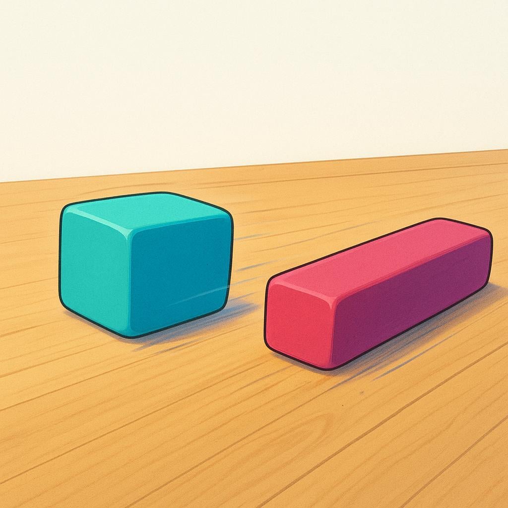 Two large, colorful geometric blocks sliding across a smooth wooden floor, clearly in motion.