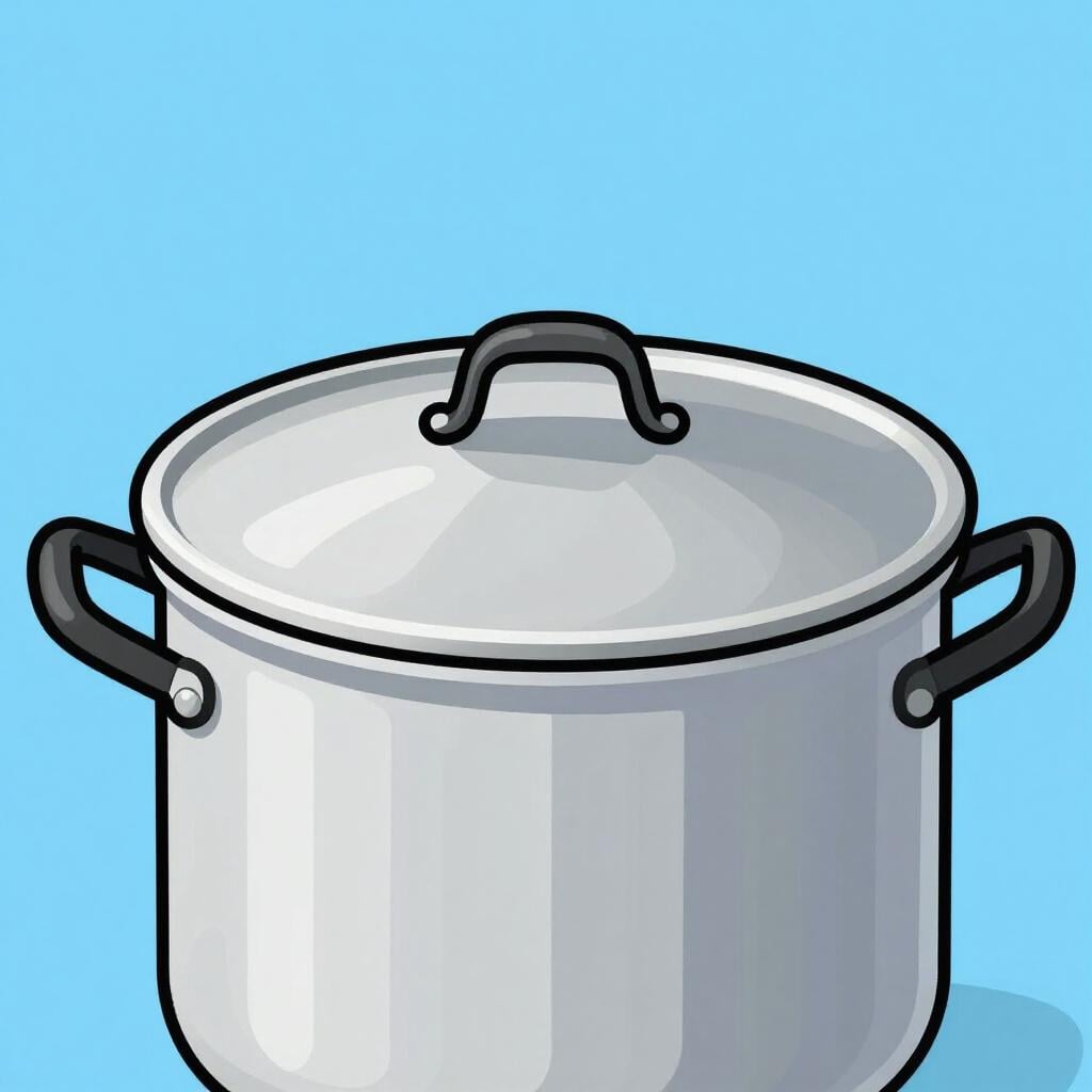 A shiny metal lid with a handle sitting on top of a cooking pot.