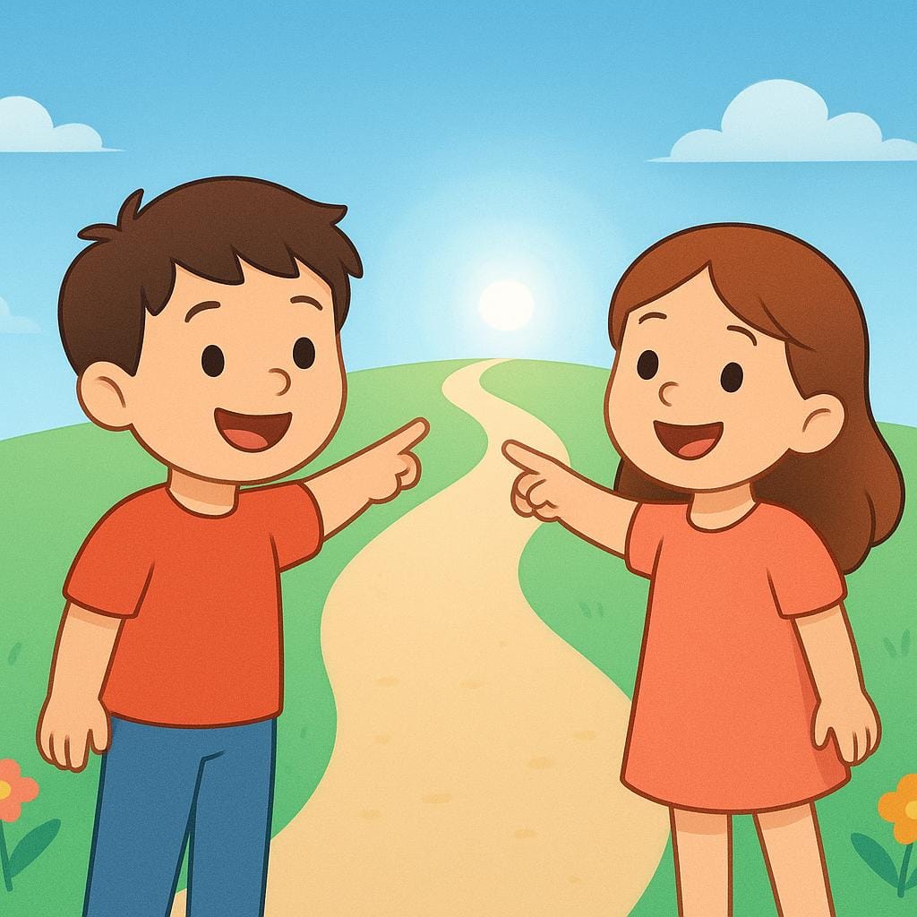 Une illustration colorée de livre d'histoires montrant deux enfants souriants, un garçon et une fille, debout ensemble et pointant avec enthousiasme vers un chemin clair et lumineux menant à une destination brillante à l'horizon.