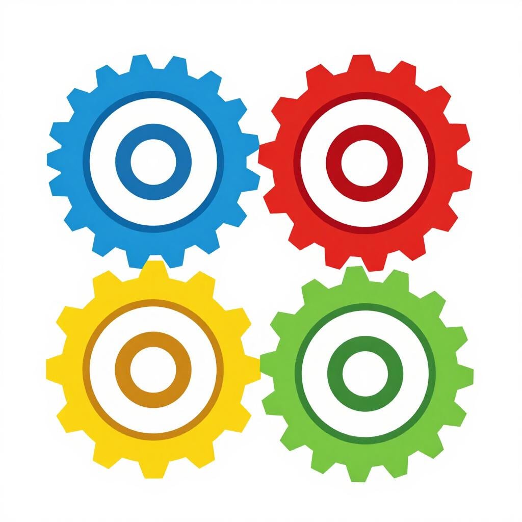 A set of interlocking gears of different colors working together perfectly.