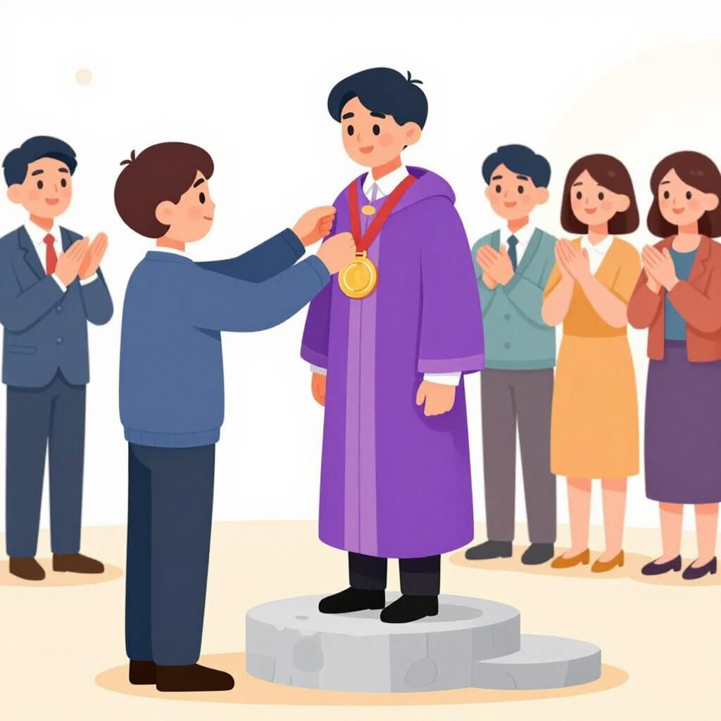 A noble figure in a royal purple robe receiving a gold medal from a crowd of cheering people.