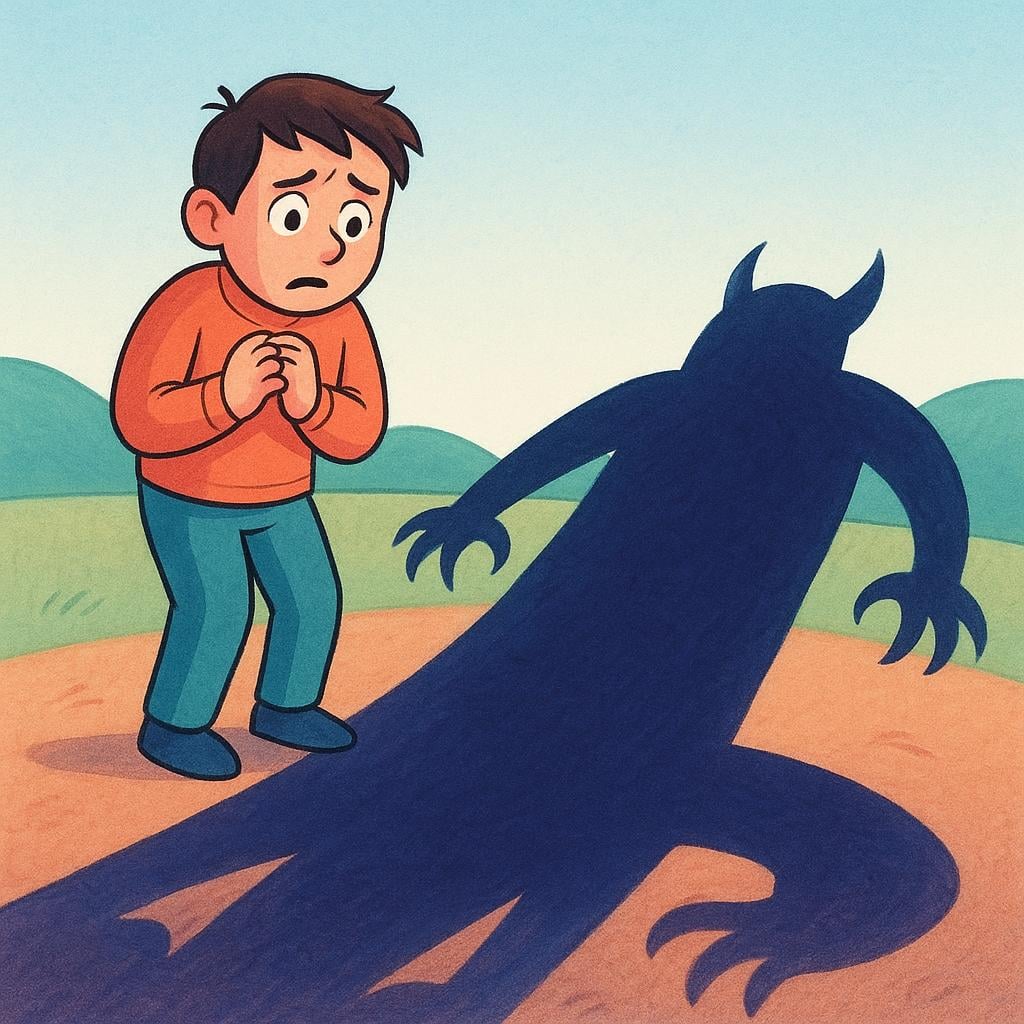 A person looking concerned while standing near a large, dark shadow symbolizing a serious problem or situation.