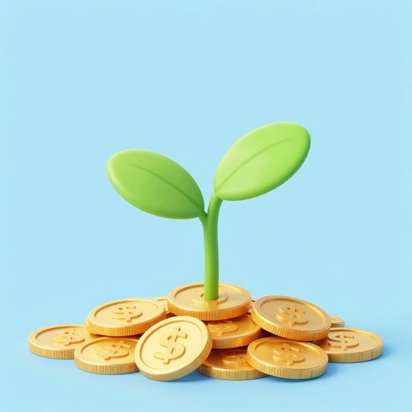 A small green plant growing out of a pile of gold coins, showing growth and upward movement.