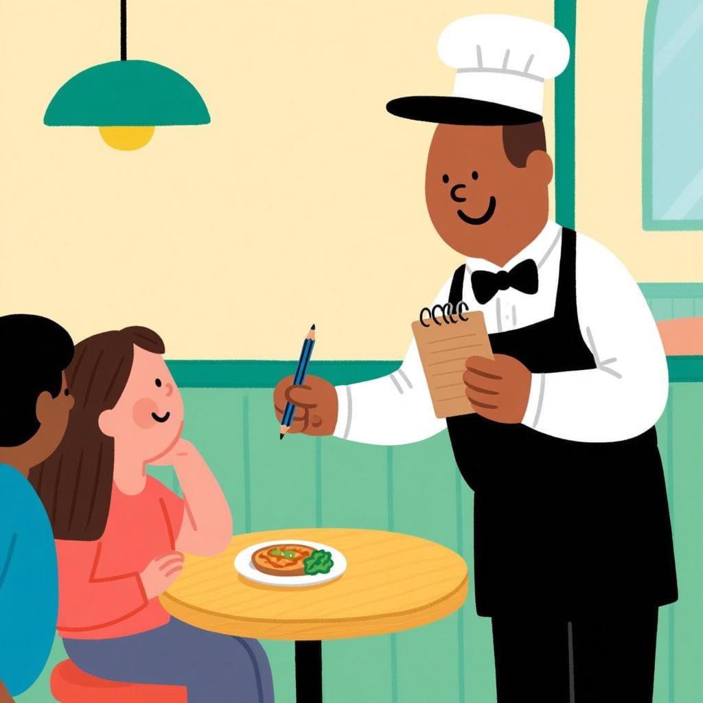 A friendly waiter taking a food order from a customer at a cafe table, illustrating a commercial request.