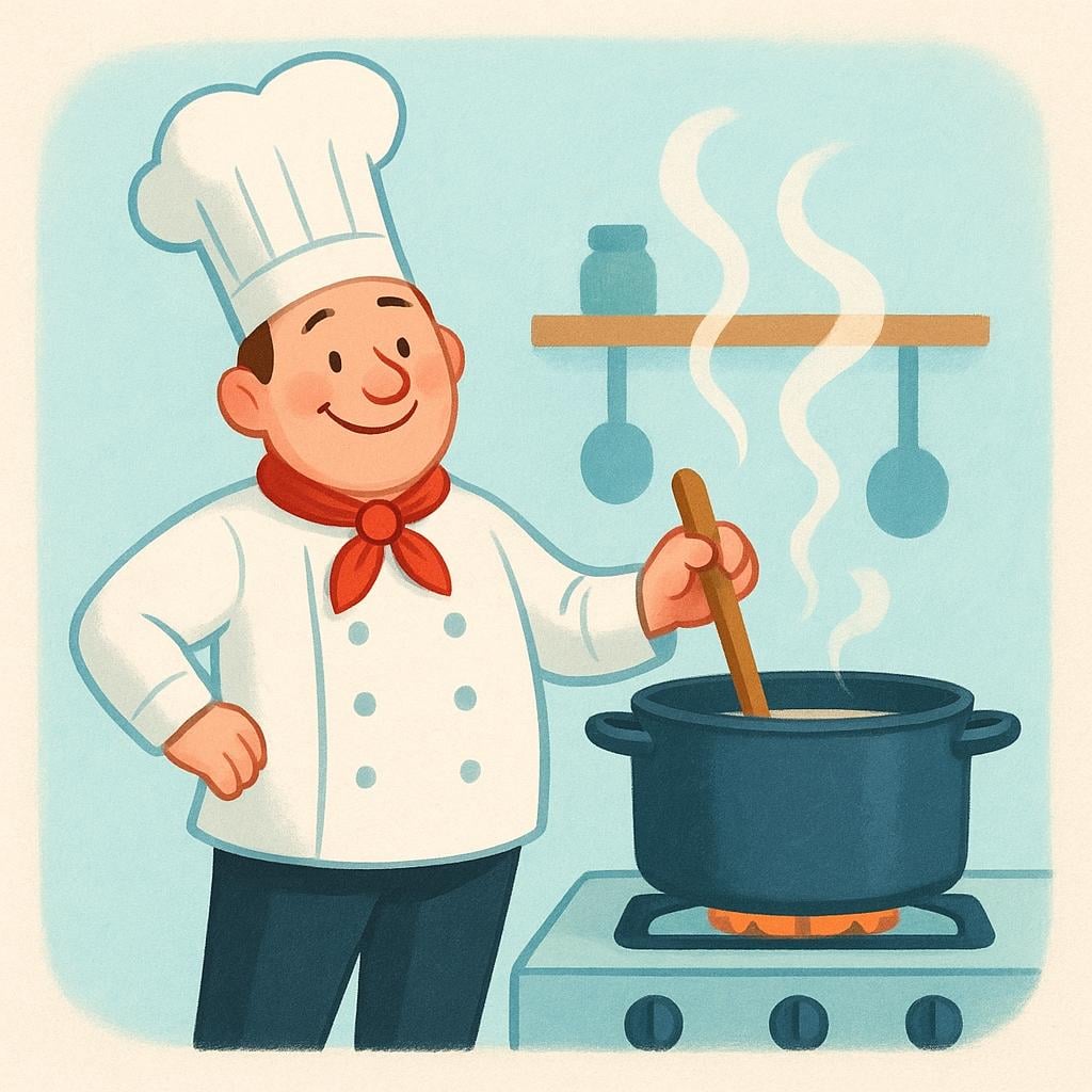 A smiling chef in a white hat and uniform is stirring a large pot on a stove in a bright kitchen.