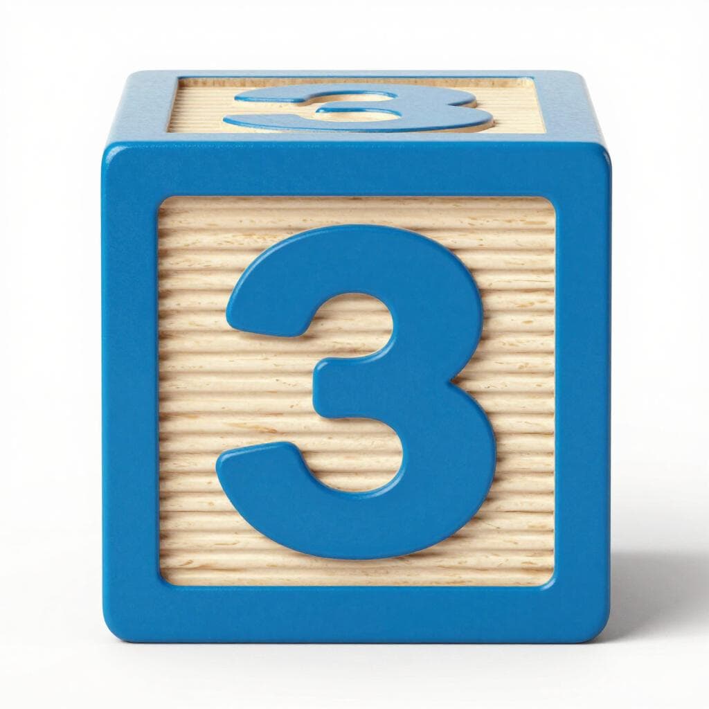 A single wooden block with a large, colorful numeral carved into the front.