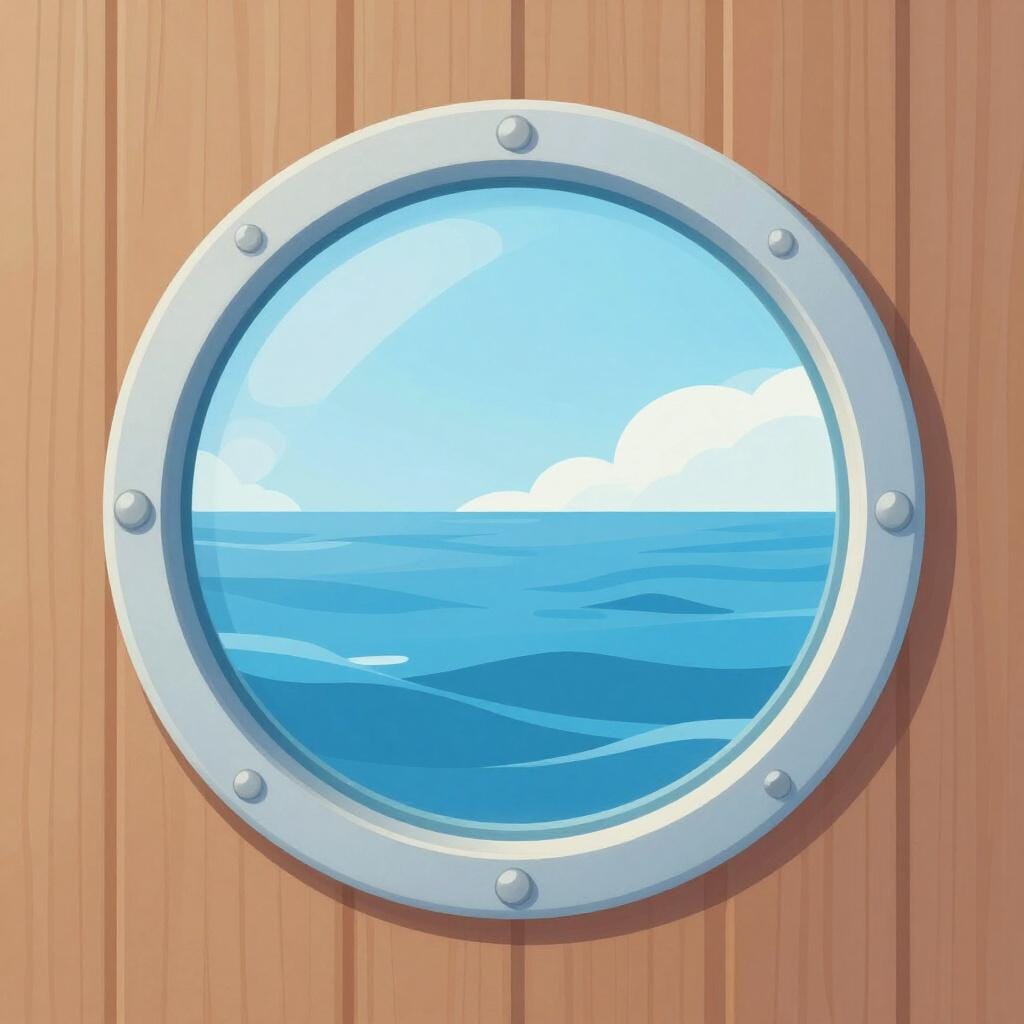 A round window on the side of a wooden ship showing the blue ocean outside.