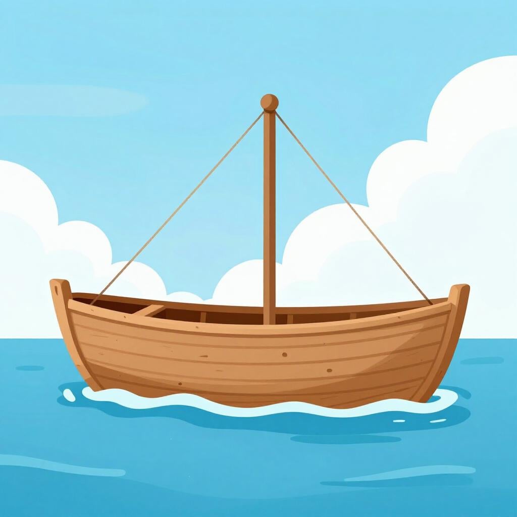 A large wooden ship with a curved roof floating on blue water under a bright sky.