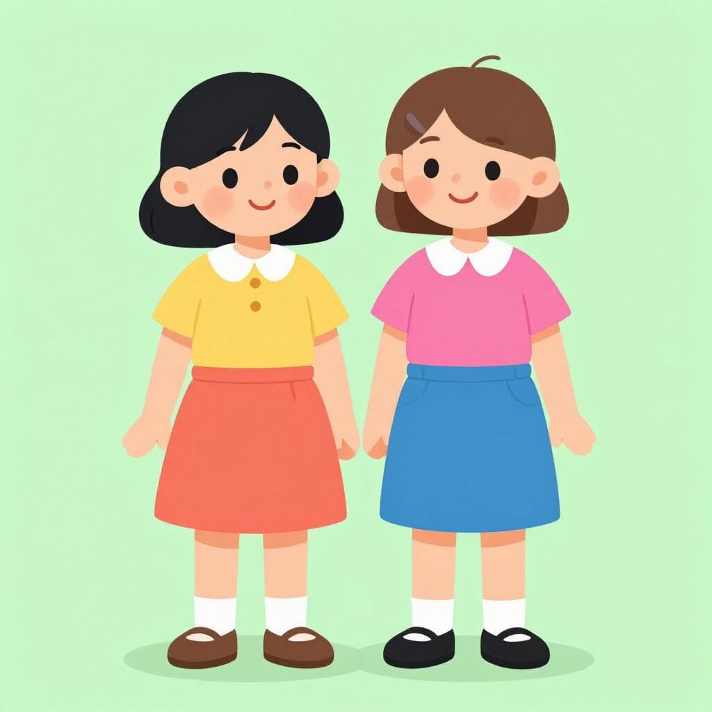 두 명의 어린 소녀가 나란히 서서 웃고 있는 단순하고 다채로운 삽화.
