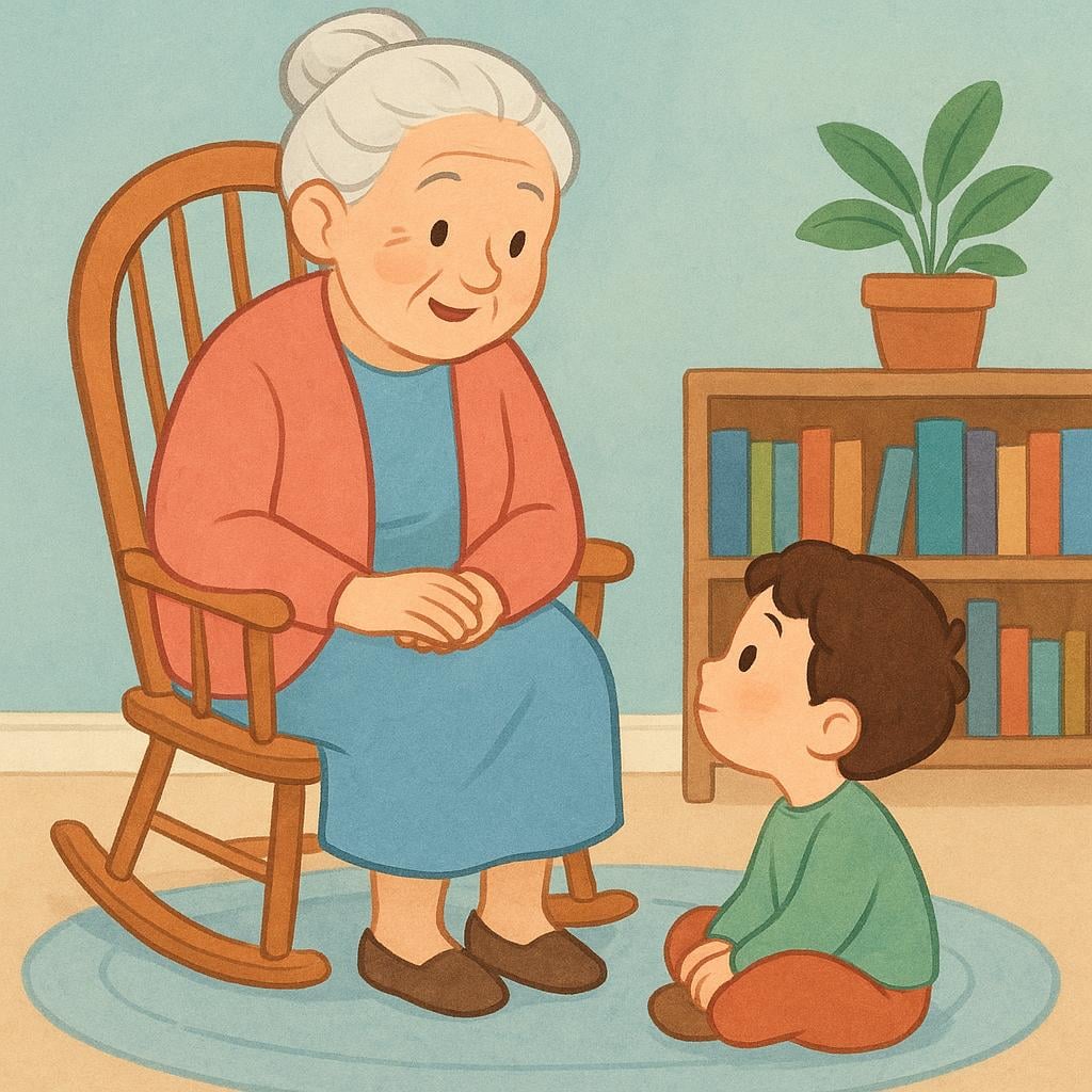 A colorful storybook illustration of a kind elderly woman sitting in a rocking chair, actively speaking to a young child sitting attentively at her feet.