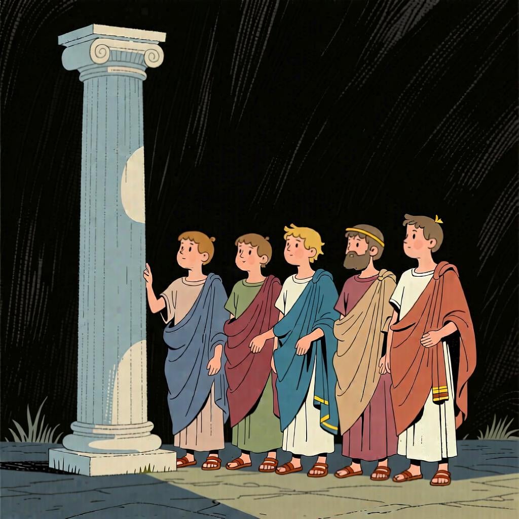 People dressed in clothing from a historical era, such as ancient Rome, standing near a column.