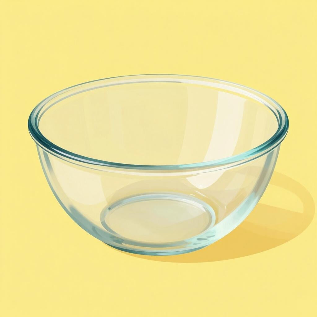 Un bol en verre transparent posé sur une table, complètement vide.