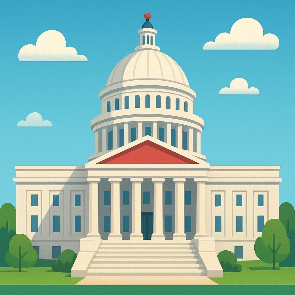 A simplistic illustration of a grand governmental building with a central dome and classical columns, symbolizing state authority and ownership.
