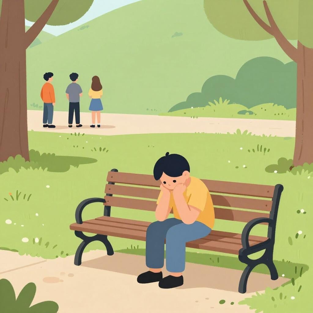 A sad person sitting alone on a wooden bench while others stand far away.