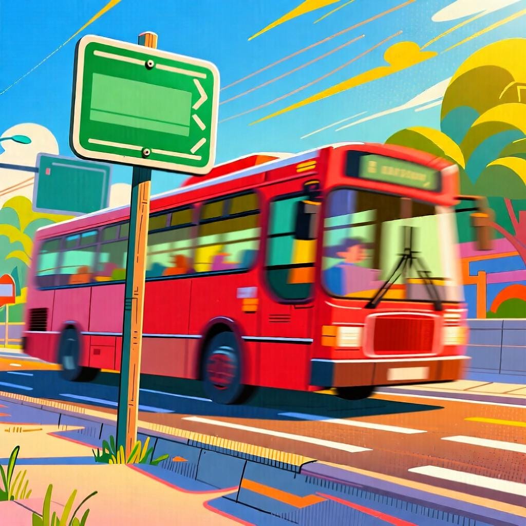 Ein leuchtend roter Bus fährt schnell an einem stillstehenden grünen Wegweiser auf einer sonnigen, kurvigen Straße vorbei, was die Bewegung an einem Punkt vorbei veranschaulicht.