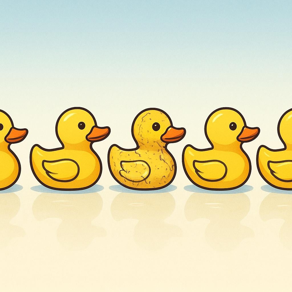 A row of five identical yellow rubber ducks. Two of the ducks are visibly defective and poorly molded, representing 'the false ones' among the group.