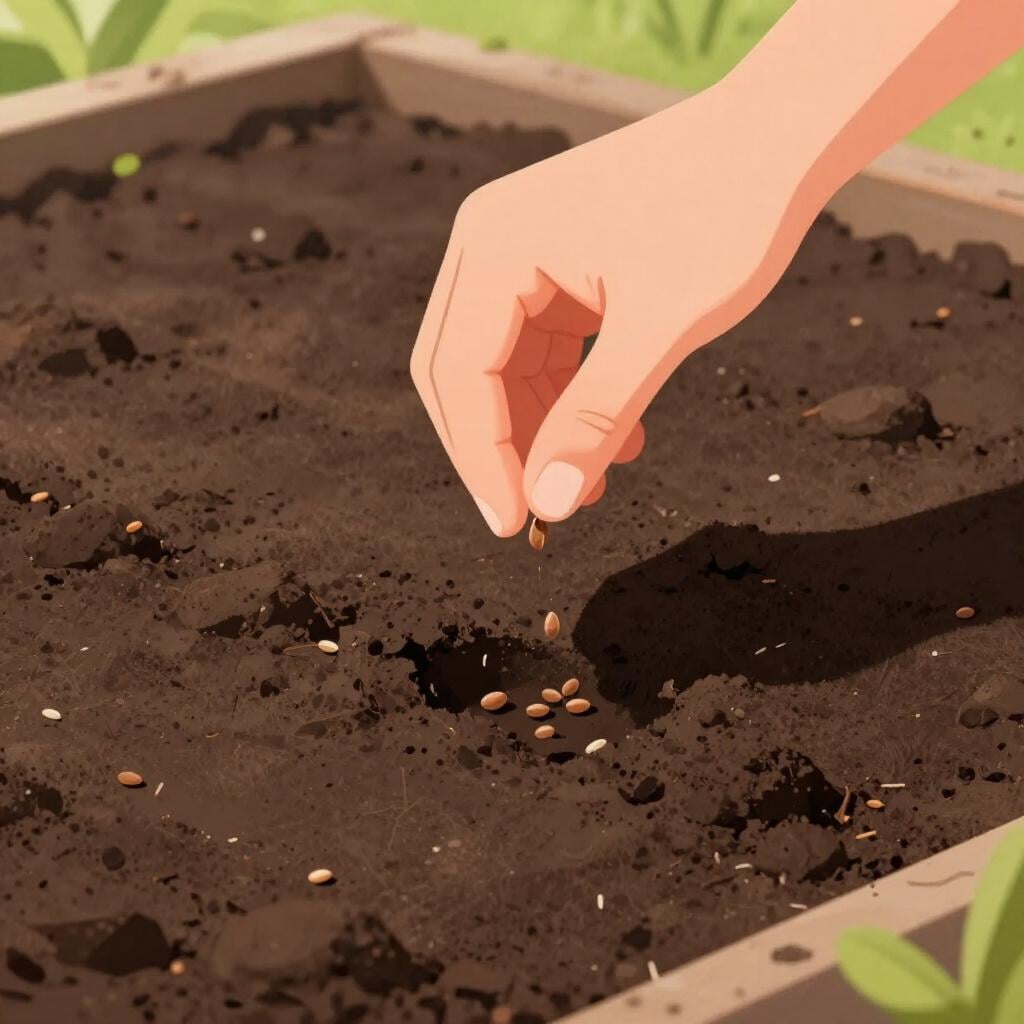 A hand gently dropping small seeds into a shallow trench in rich garden soil.