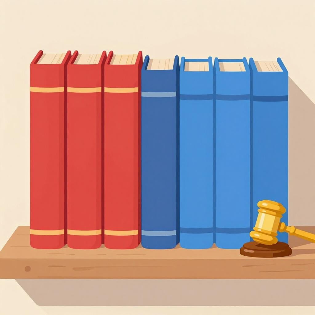 A stack of thick, neatly organized leather-bound books on a wooden shelf, representing a system of laws.