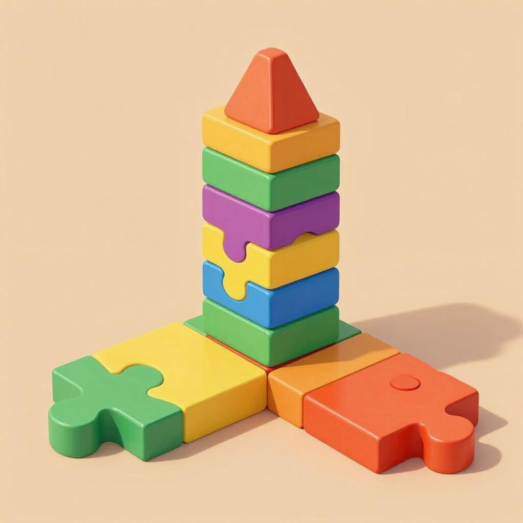 Two puzzle pieces being placed together to form the base of a tall tower.