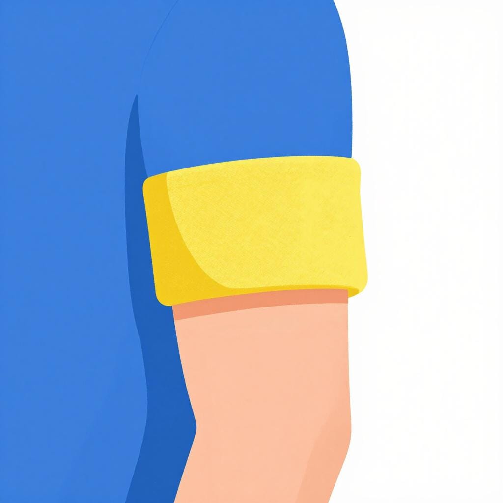 A bright yellow fabric band worn around the upper arm of a person's sleeve.