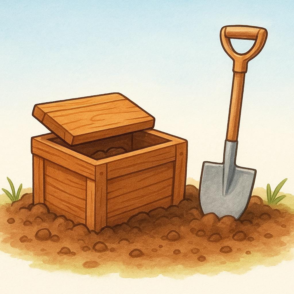 Una semplice illustrazione che mostra una piccola scatola di legno marrone parzialmente sepolta nel terreno, con una pala d'argento in piedi nelle vicinanze.