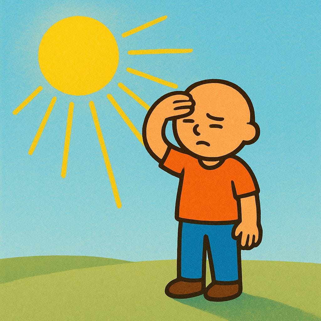 A simplified figure standing outdoors, squinting under the bright, intense rays of a large yellow sun, symbolizing harsh environmental subjection.