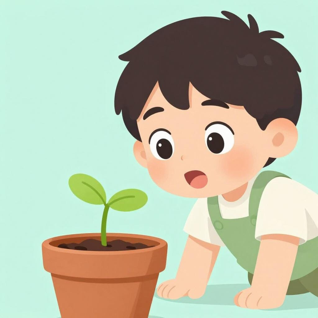 Un bambino che si sporge con gli occhi spalancati, guardando da vicino una piccola piantina che cresce in un vaso.