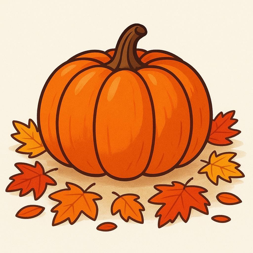 A vibrant orange pumpkin resting on the forest floor, completely surrounded by a thick layer of bright red, yellow, and orange autumn leaves.