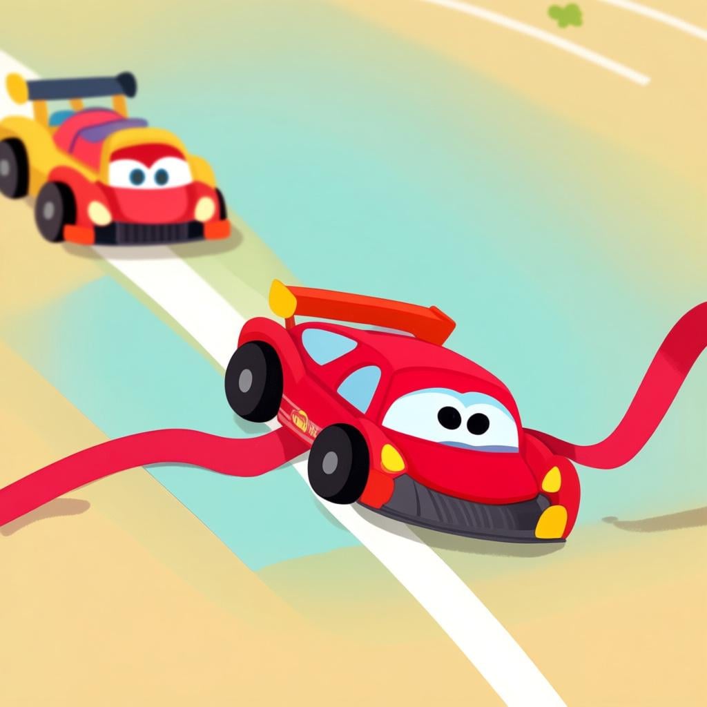 A bright red toy race car clearly winning a race, crossing a finish line ribbon ahead of two other cars.