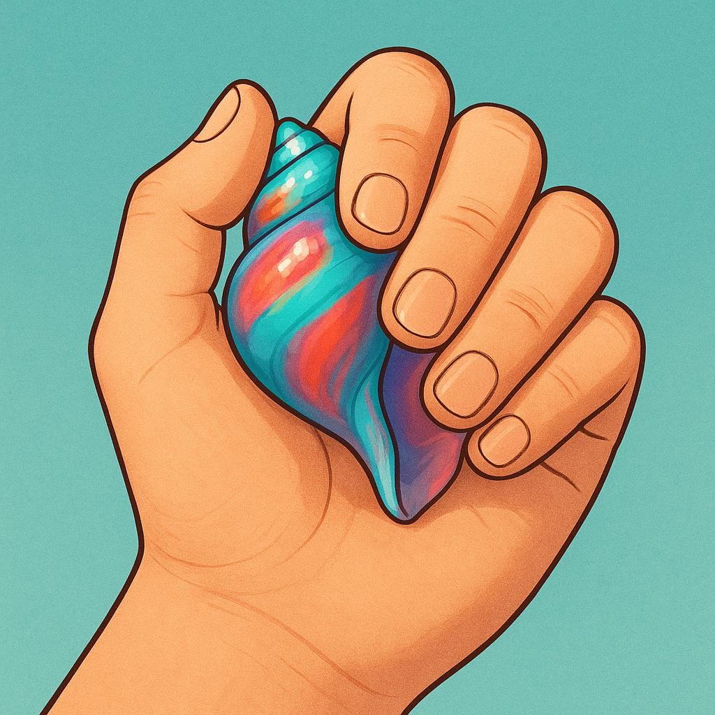 A hand firmly holding a small, shiny, colorful seashell found on the ground, symbolizing keeping possession of an item.