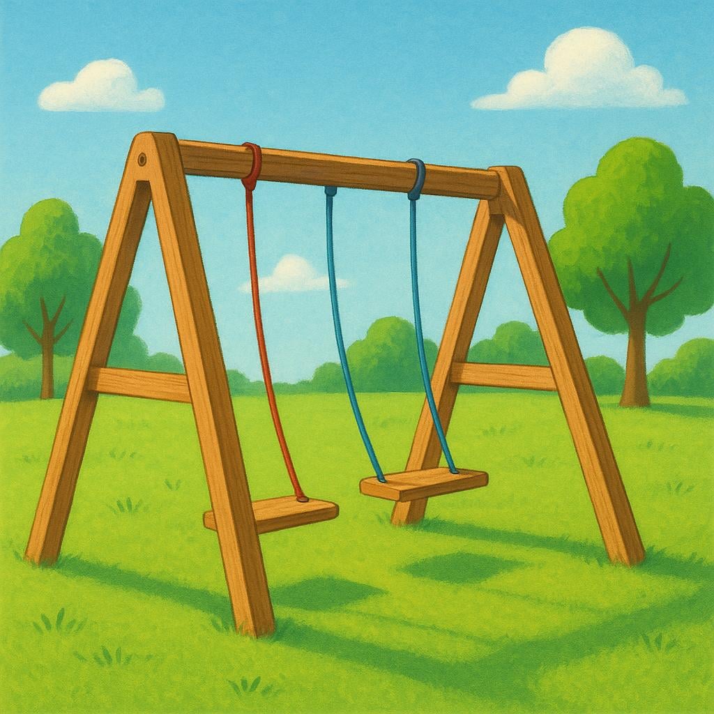 A colorful storybook illustration showing an empty playground swing set. One of the swings is gently swaying back and forth, emphasizing the absence of the person who was just there.