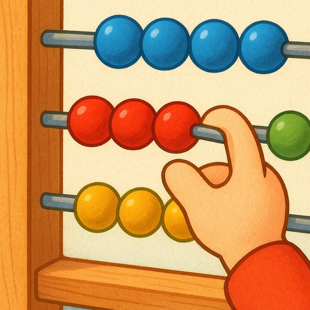 A close-up of a small, simplified hand moving red counting beads on a wooden abacus, representing arithmetic calculations.