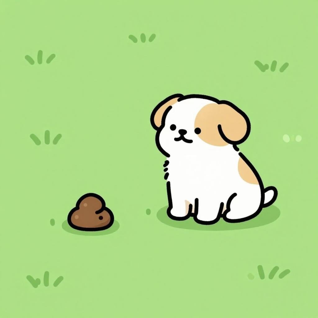 Een kleine hond die op gras zit naast een kleine bruine hoop.