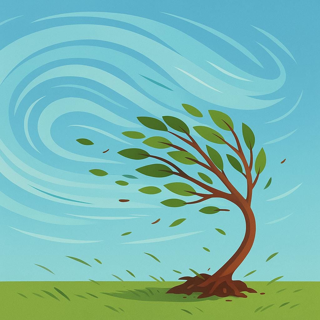 A colorful illustration of a small tree being bent severely by a powerful, unseen wind, symbolizing forceful action.