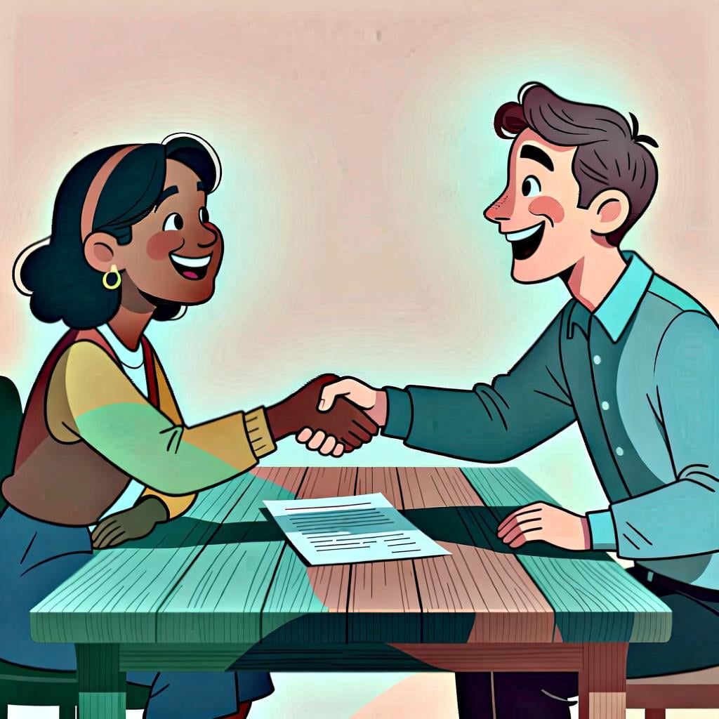 Two people shaking hands over a desk with a signed paper, symbolizing a friendly deal or agreement.