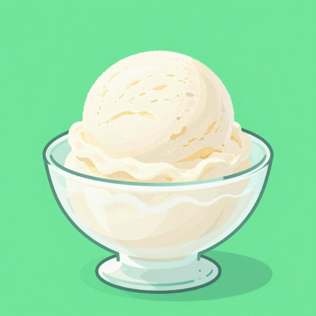 Uma única bola de sorvete de baunilha branco simples em uma tigela de vidro simples.