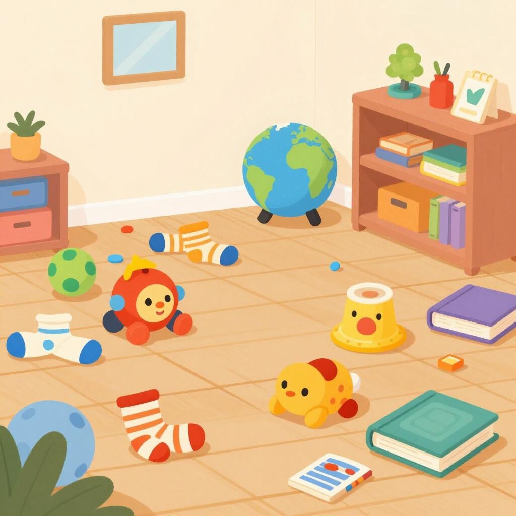 Il pavimento di una camera da letto coperto di giocattoli e vestiti sparsi.