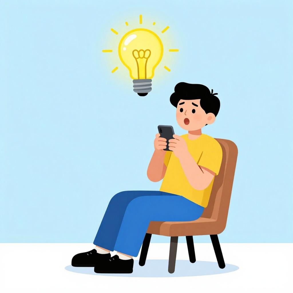 A person looking thoughtful with a bright glowing lightbulb appearing above their head.
