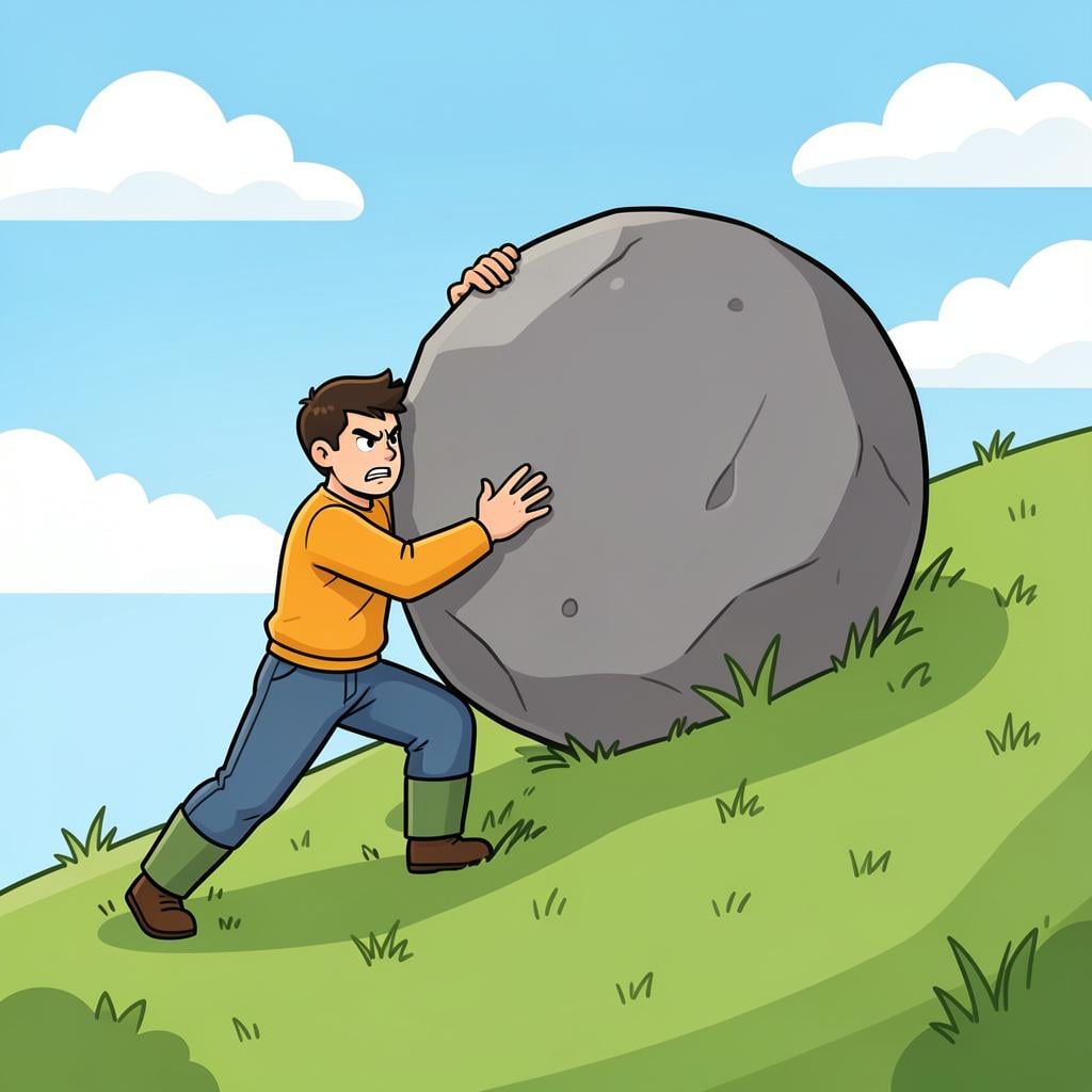 A single person pushing a very large, heavy boulder up a hill by themselves.
