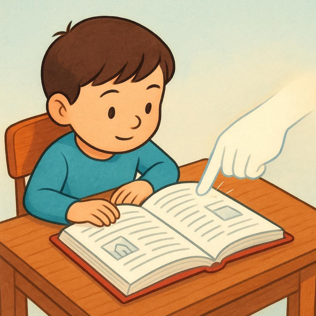 A student sitting at a wooden desk with a large open book. A gentle, disembodied hand points directly at the book, emphasizing the need to practice or study.