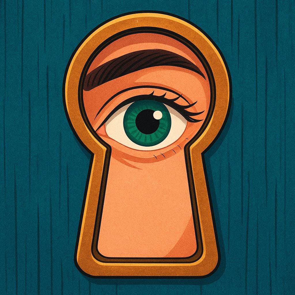 Uma visão em close-up do olho de uma única pessoa olhando intensamente através de um buraco de fechadura de latão em uma porta de madeira maciça.